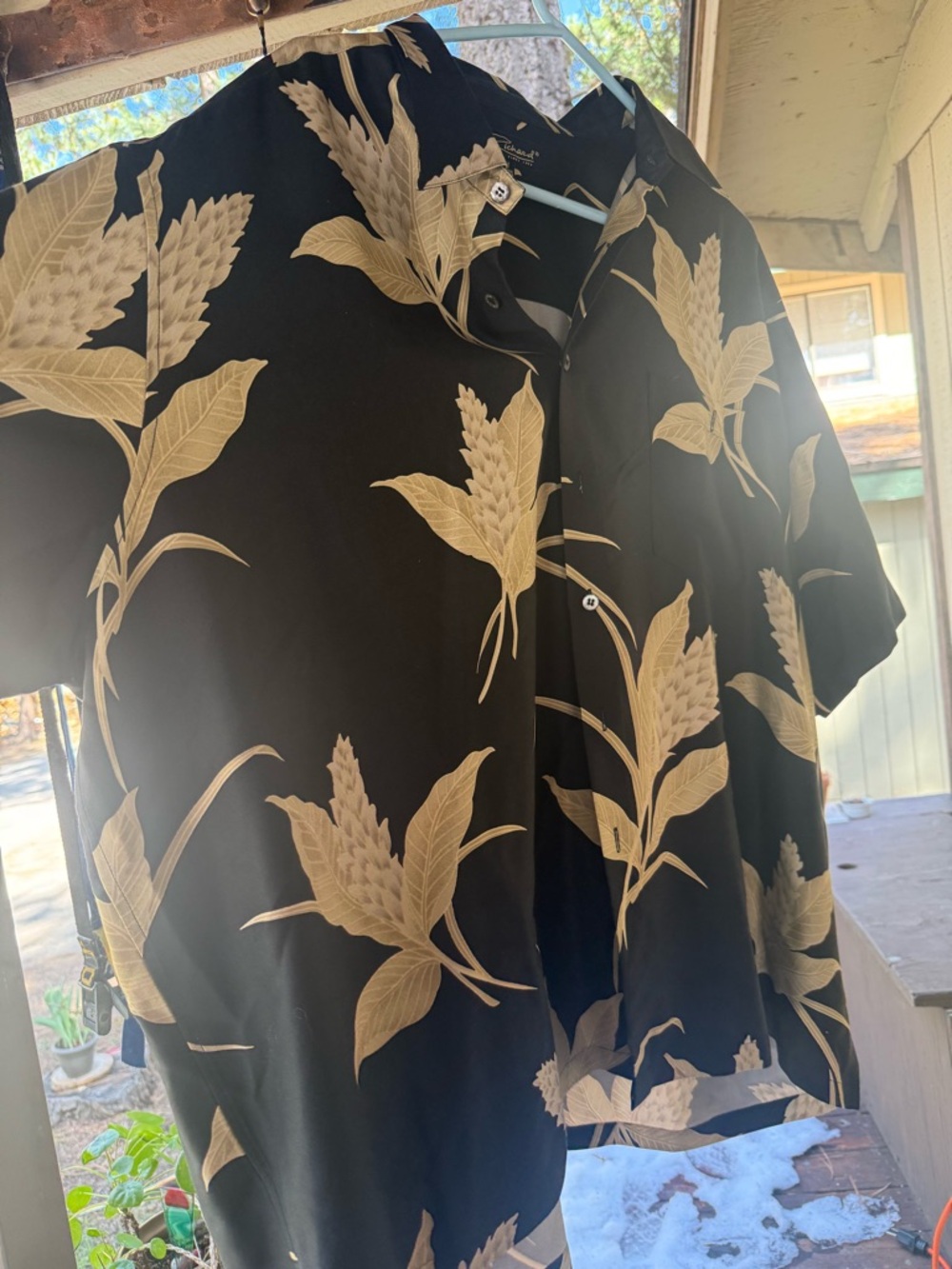 Men's Black Short-Sleeve Button-Down Shirt with Beige Botanical Print